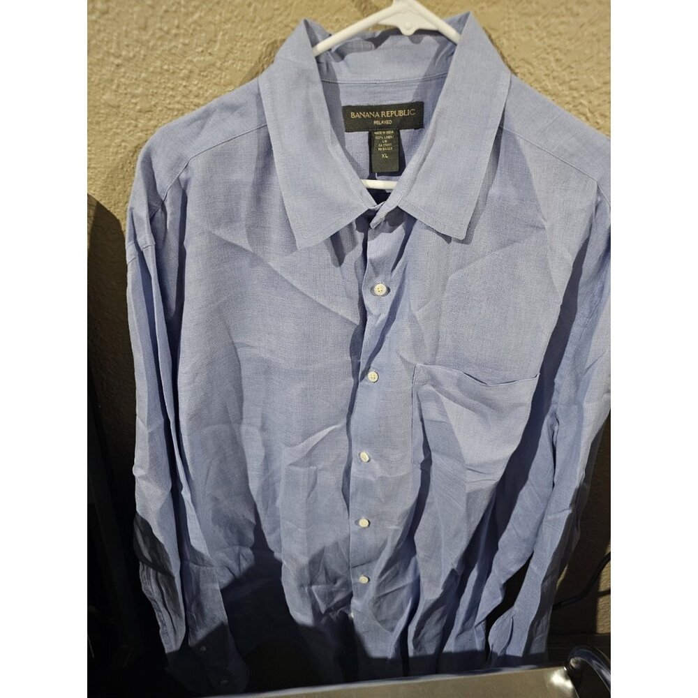Banana Republic Relaxed Blue Button Down Shirt 100% Linen Men's XL Long Sleeve